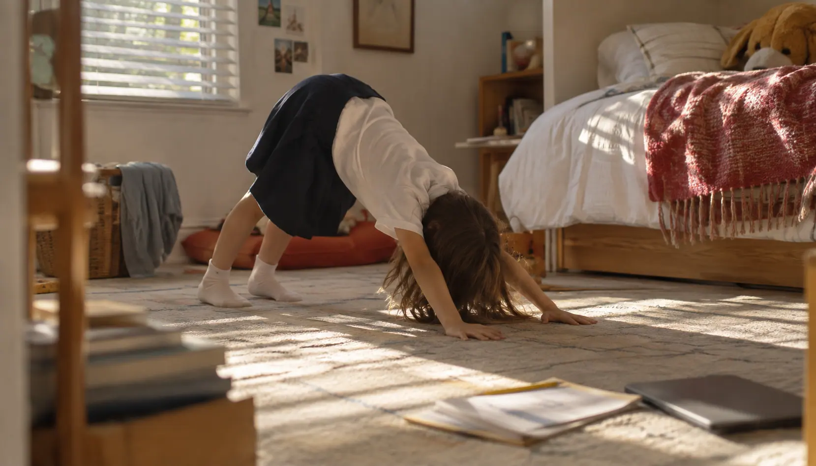 A kid stretching at home