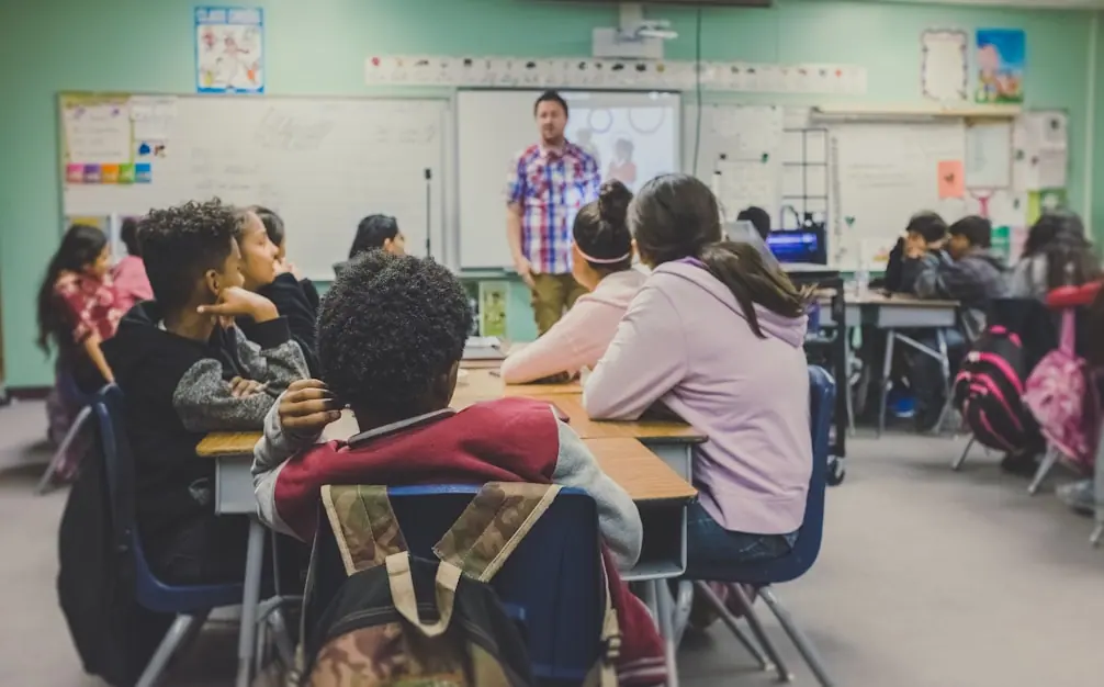 Students with hands raised in class